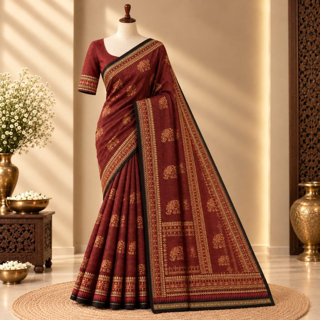 Marroon mangalgiri saree with elephant design